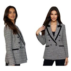 New Zara Ecru Black Textured Contrast Piping Double Breasted Blazer Jacket